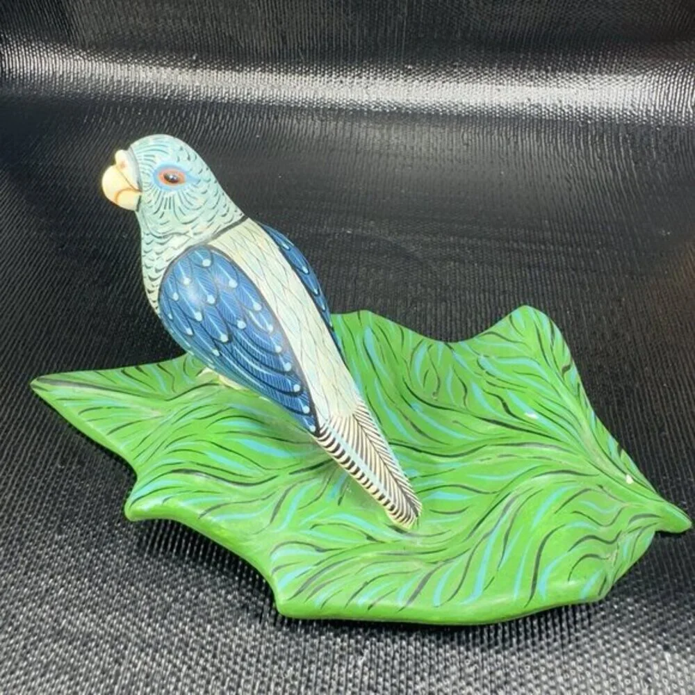 Hand Made Mexican Pottery Parrot Bird On Leaf Tree Sculpture Artist Signed‎ VTG